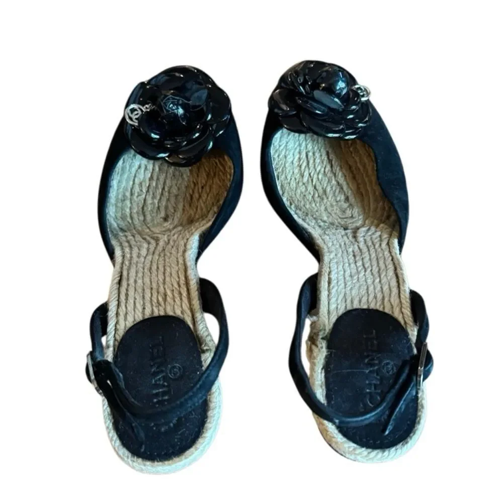 Chanel Authentic Women's Camellia Flower Suede Wedge Espadrilles Size 9.5